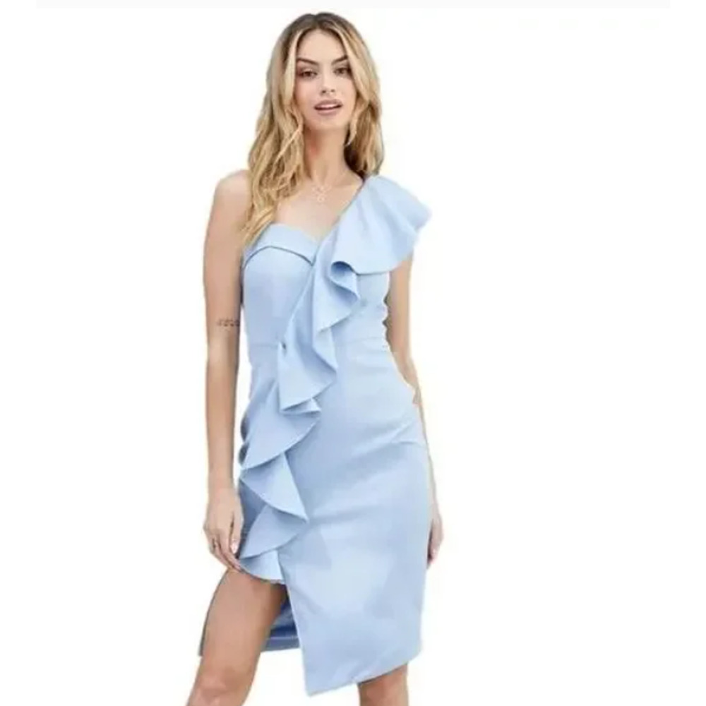 Do + Be Womens Special Occasion One Shoulder Ruffled Dress Size M Sky Blue New - Picture 2 of 10